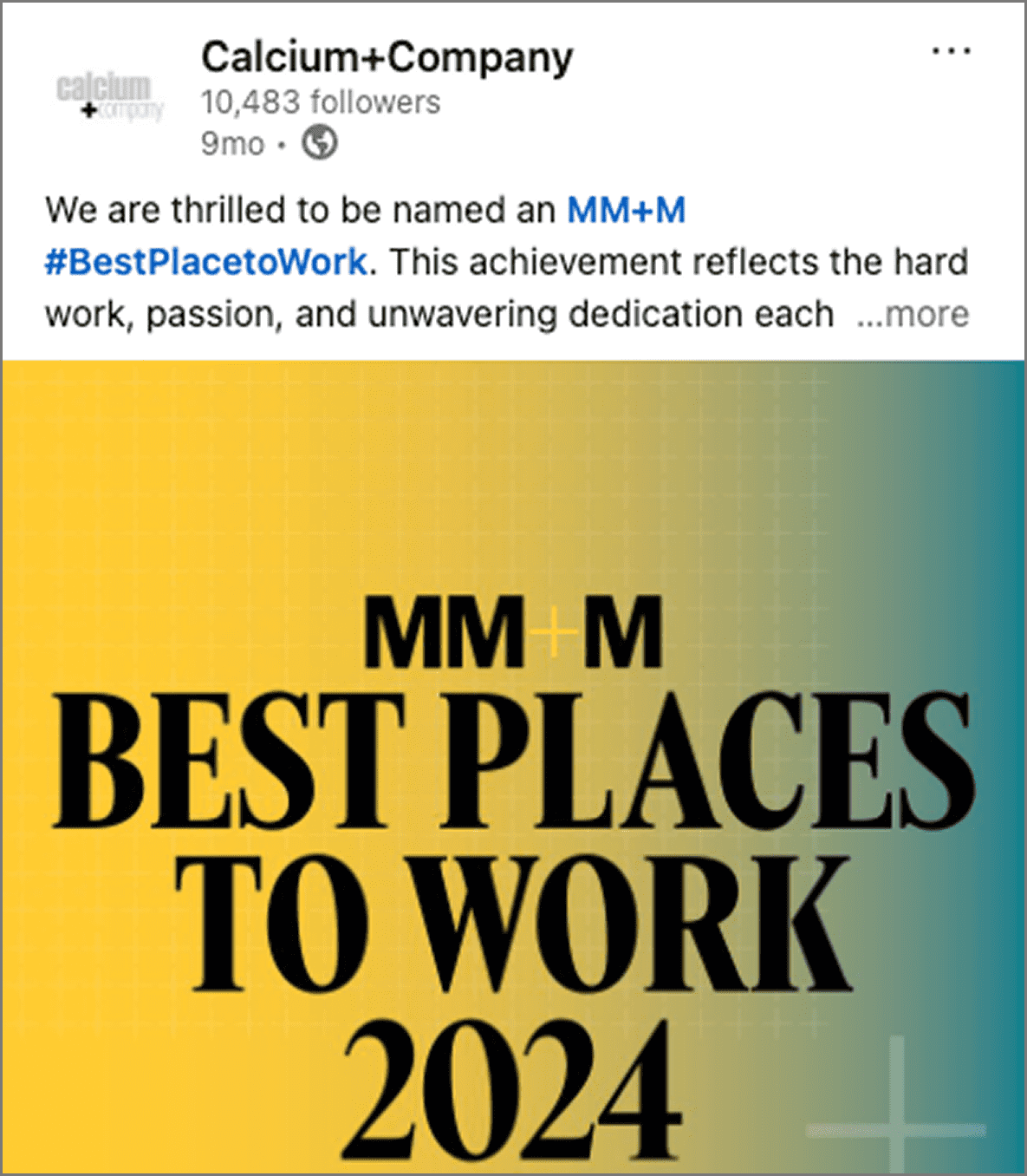 Calcium+Company has been named an MM+M Best Place to Work in 2024 LinkedIn post