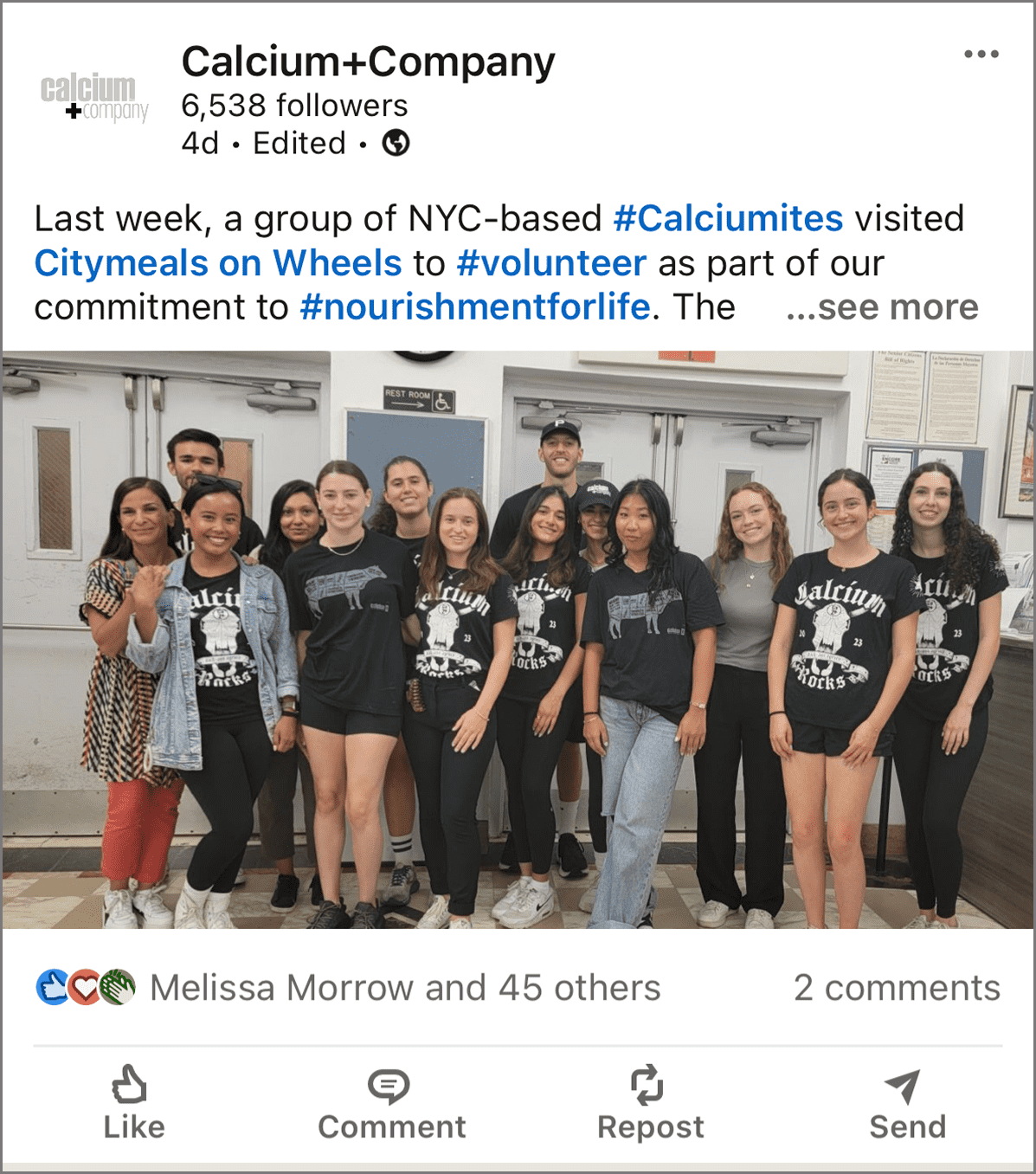 NYC office volunteers at Citymeals on Wheels LinkedIn post